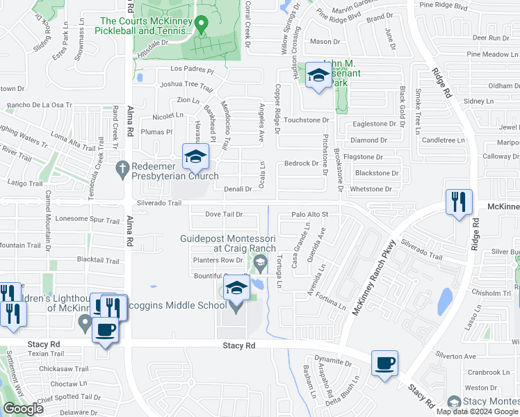 map of restaurants, bars, coffee shops, grocery stores, and more near 6800 Dove Tail Drive in McKinney