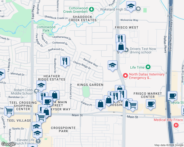 map of restaurants, bars, coffee shops, grocery stores, and more near 9859 King Louis Drive in Frisco