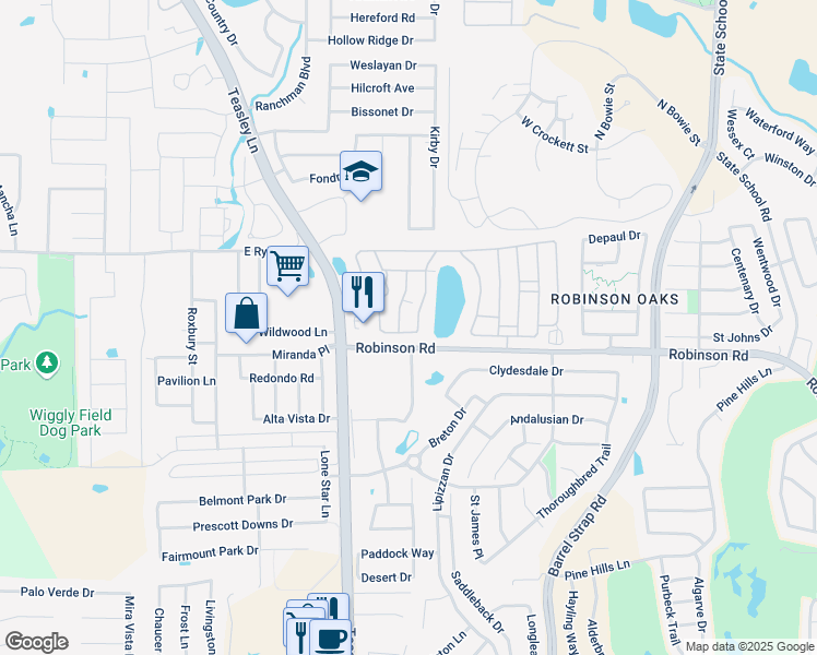map of restaurants, bars, coffee shops, grocery stores, and more near 397-412 Lakeshore Ln in Denton