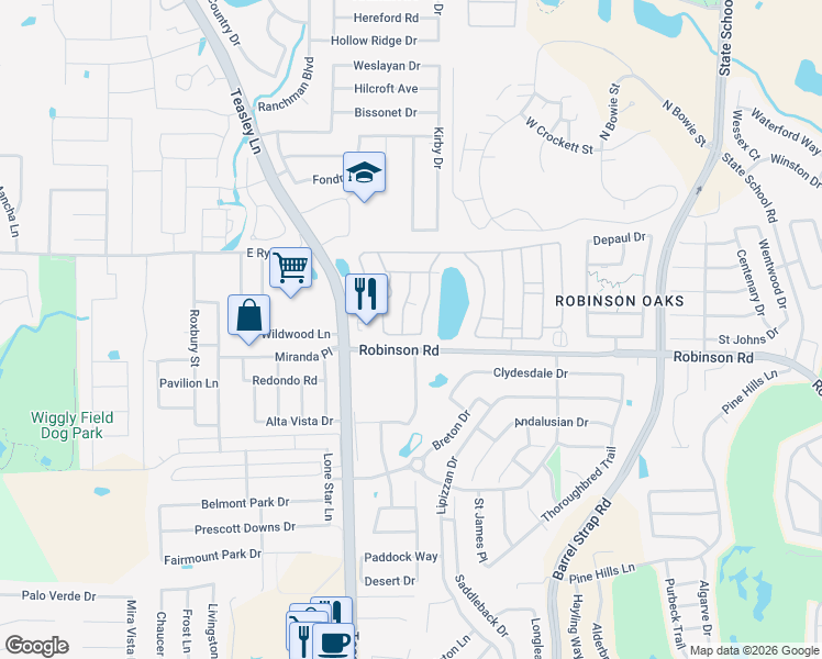 map of restaurants, bars, coffee shops, grocery stores, and more near 397-412 Lakeshore Ln in Denton