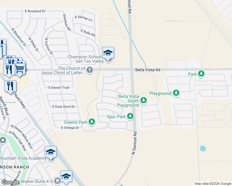 map of restaurants, bars, coffee shops, grocery stores, and more near 1835 East Denim Trail in San Tan Valley