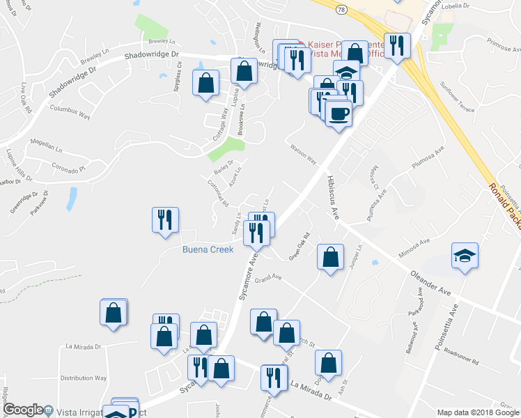 map of restaurants, bars, coffee shops, grocery stores, and more near 1065 Woodcrest Lane in Vista