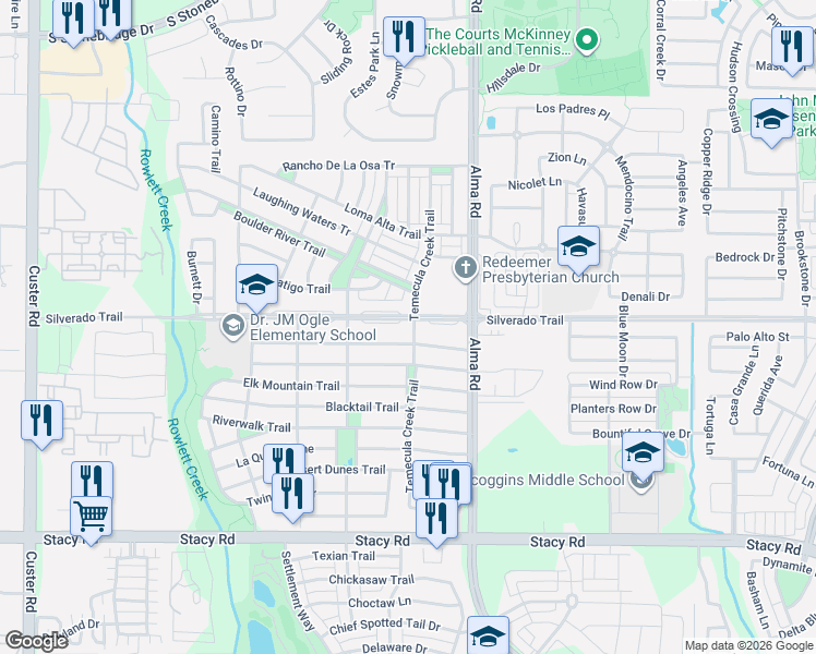 map of restaurants, bars, coffee shops, grocery stores, and more near 8003 Silverado Trail in McKinney