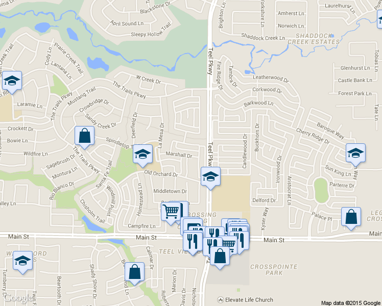 map of restaurants, bars, coffee shops, grocery stores, and more near 2816 Marshall Drive in Frisco