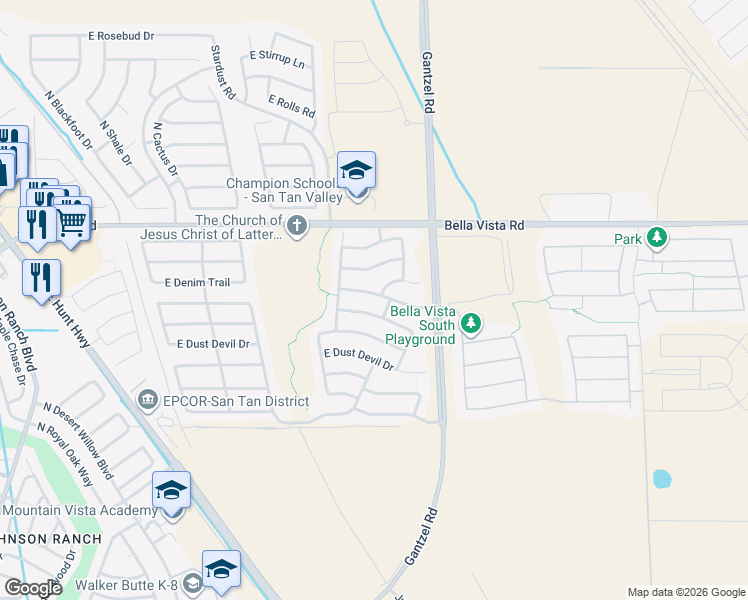 map of restaurants, bars, coffee shops, grocery stores, and more near 1835 East Denim Trail in San Tan Valley