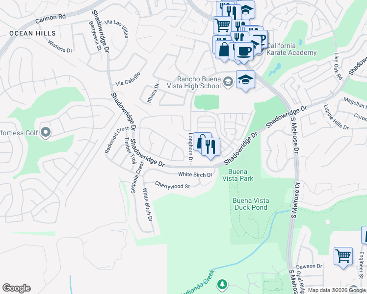 map of restaurants, bars, coffee shops, grocery stores, and more near 1916 Rosewood Street in Vista
