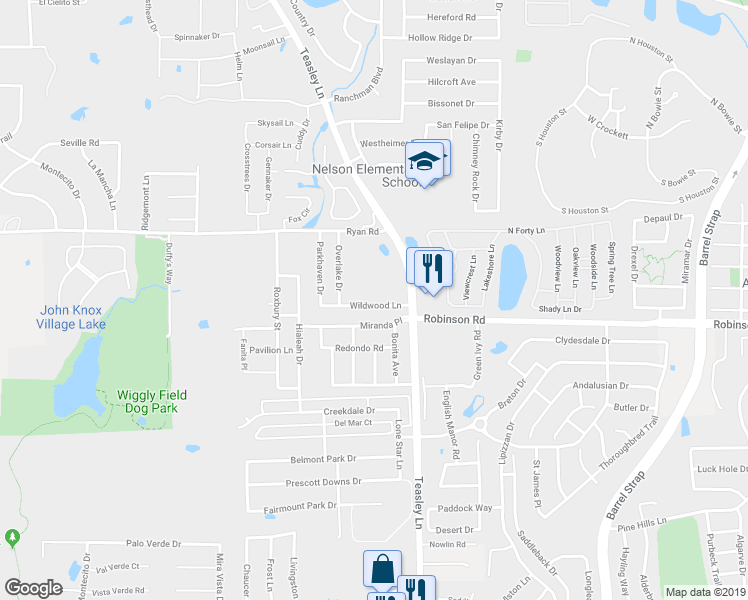 map of restaurants, bars, coffee shops, grocery stores, and more near 2321 Wildwood Lane in Denton