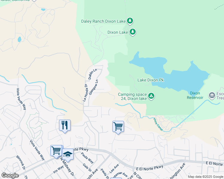 map of restaurants, bars, coffee shops, grocery stores, and more near 2447 Stevens Place in Escondido