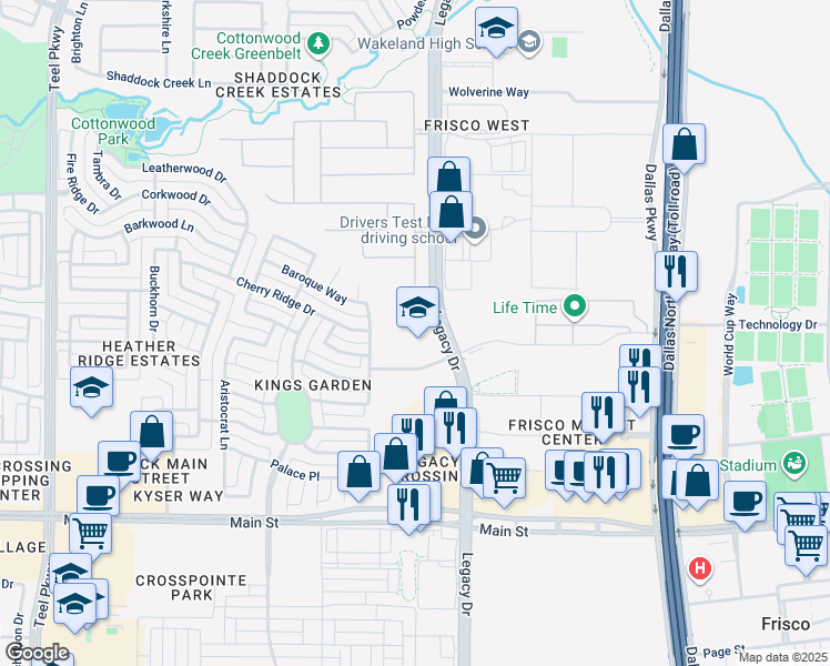 map of restaurants, bars, coffee shops, grocery stores, and more near 4380 Throne Hall Drive in Frisco