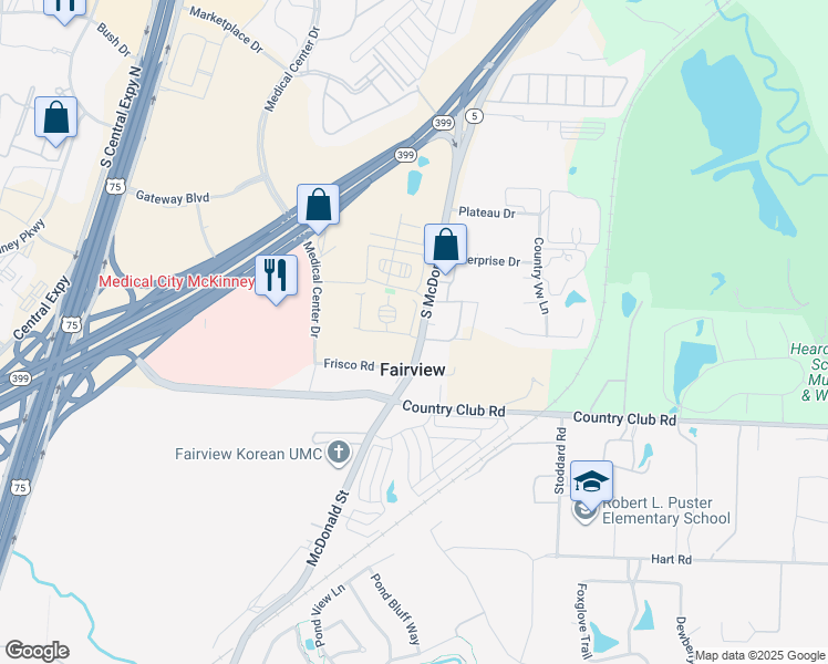 map of restaurants, bars, coffee shops, grocery stores, and more near 991 South McDonald Street in McKinney