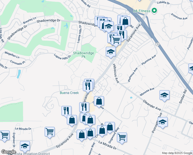 map of restaurants, bars, coffee shops, grocery stores, and more near 1047 Sycamore Avenue in Vista