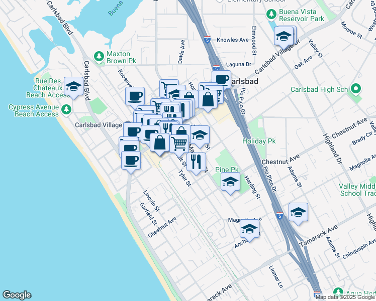 map of restaurants, bars, coffee shops, grocery stores, and more near 3169 Madison Street in Carlsbad