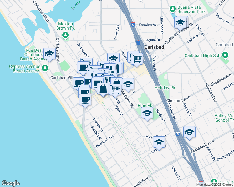 map of restaurants, bars, coffee shops, grocery stores, and more near 3110 Roosevelt Street in Carlsbad