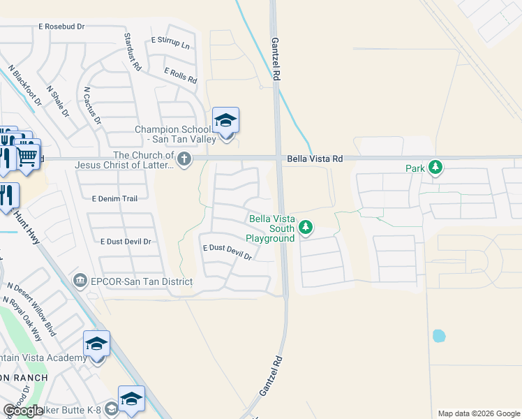 map of restaurants, bars, coffee shops, grocery stores, and more near 1966 East Denim Trail in Queen Creek