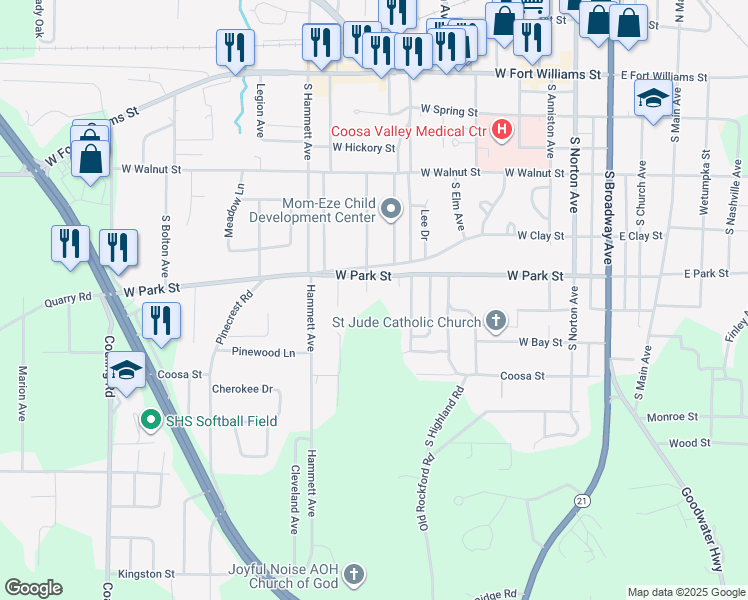 map of restaurants, bars, coffee shops, grocery stores, and more near 302 South Oak Avenue in Sylacauga