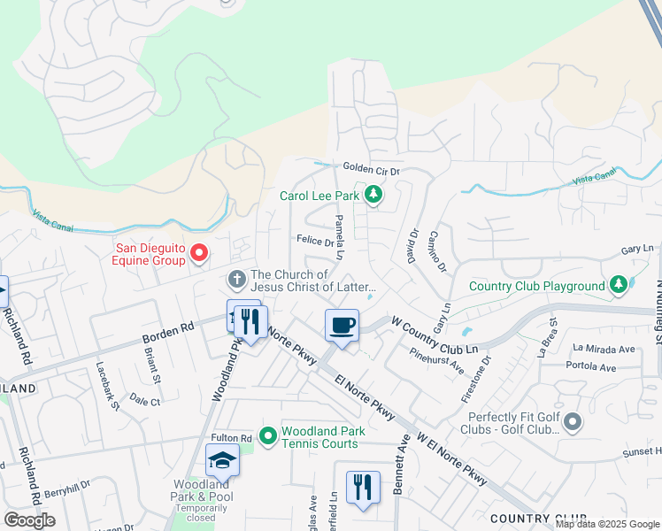 map of restaurants, bars, coffee shops, grocery stores, and more near 1839 Pamela Lane in Escondido