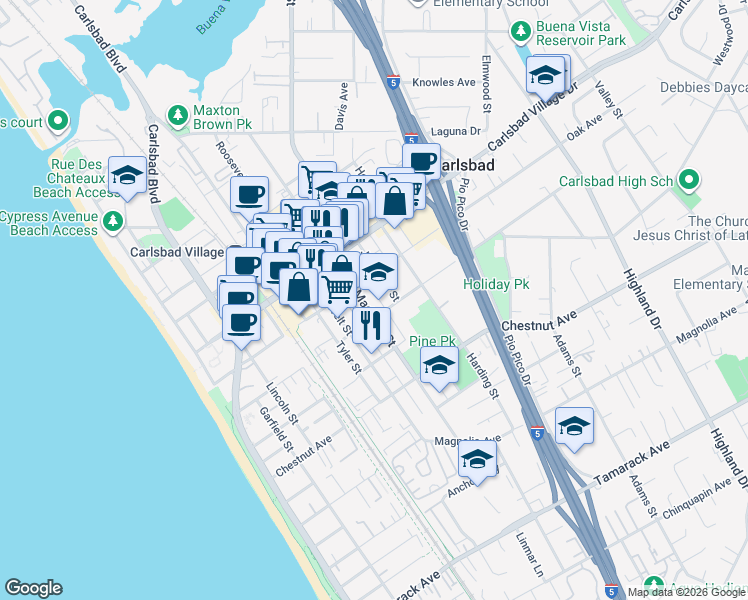 map of restaurants, bars, coffee shops, grocery stores, and more near 3169 Madison Street in Carlsbad