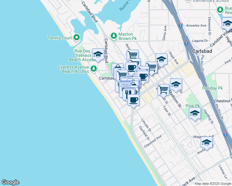 map of restaurants, bars, coffee shops, grocery stores, and more near 201 Grand Avenue in Carlsbad