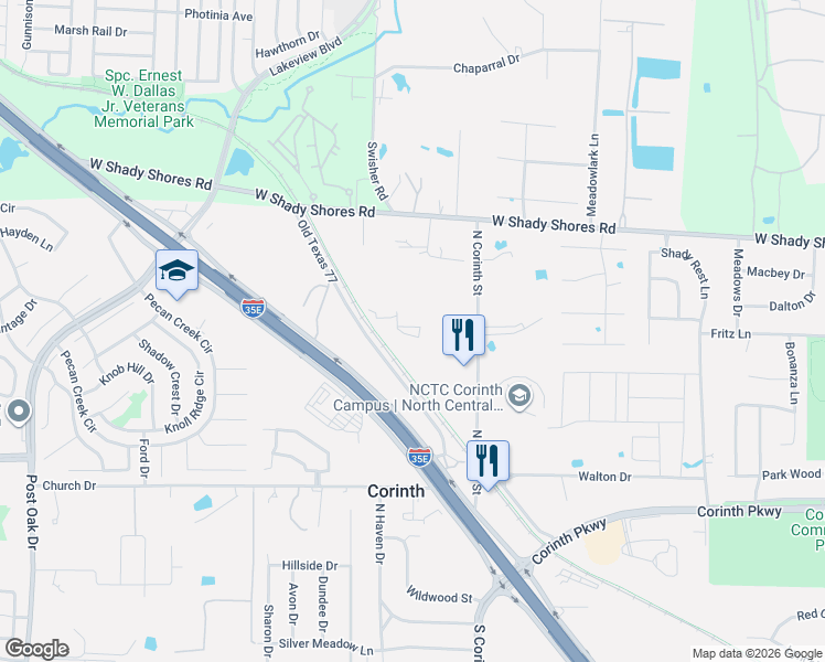 map of restaurants, bars, coffee shops, grocery stores, and more near 1200 North Corinth Street in Corinth