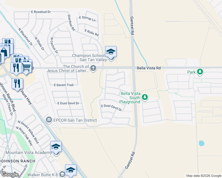 map of restaurants, bars, coffee shops, grocery stores, and more near 1835 East Denim Trail in San Tan Valley