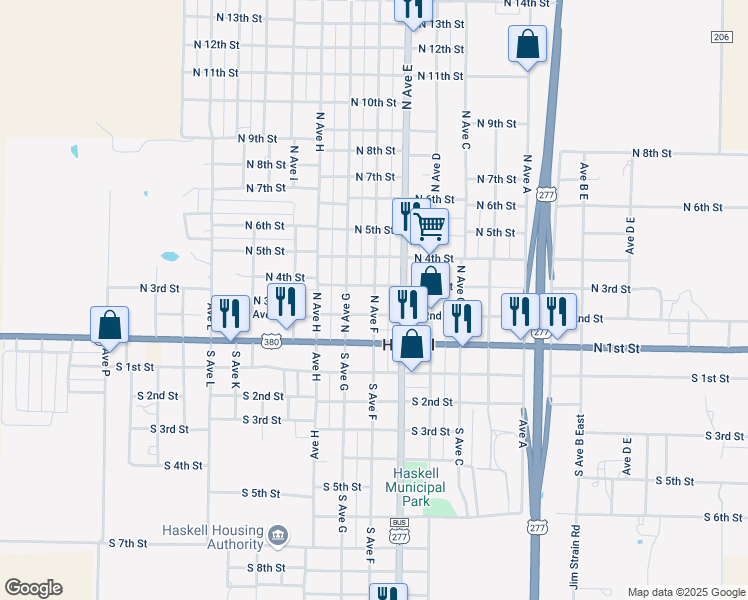 map of restaurants, bars, coffee shops, grocery stores, and more near 200 North Avenue F in Haskell