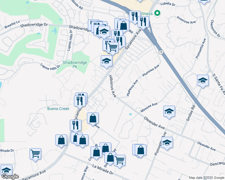 map of restaurants, bars, coffee shops, grocery stores, and more near 2479 Hibiscus Avenue in Vista