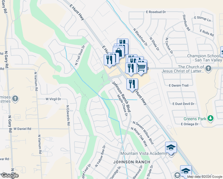 map of restaurants, bars, coffee shops, grocery stores, and more near in San Tan Valley
