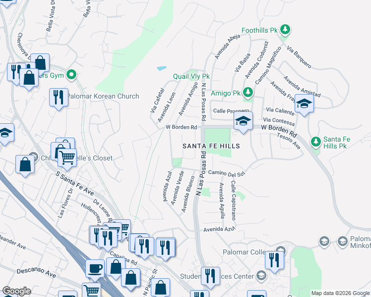 map of restaurants, bars, coffee shops, grocery stores, and more near 655 Corte Raquel in San Marcos
