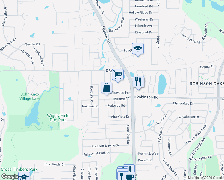 map of restaurants, bars, coffee shops, grocery stores, and more near 3961 Overlake Drive in Denton