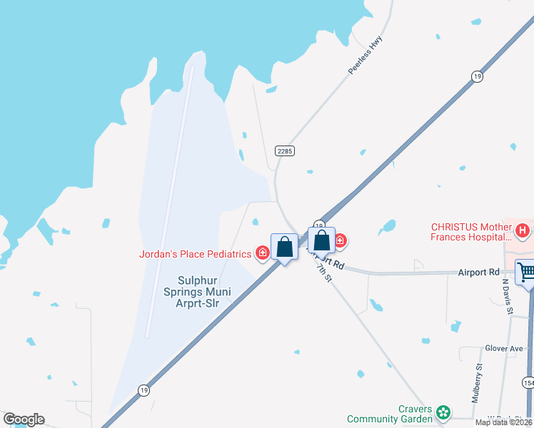 map of restaurants, bars, coffee shops, grocery stores, and more near 1421 Airport Road in Sulphur Springs