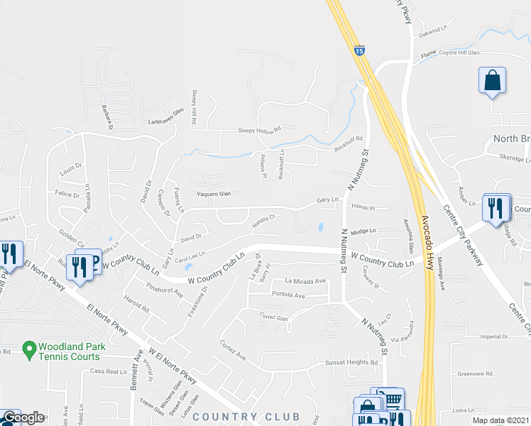 map of restaurants, bars, coffee shops, grocery stores, and more near 1315 Gary Lane in Escondido