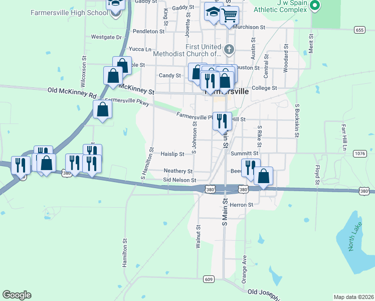 map of restaurants, bars, coffee shops, grocery stores, and more near 306 Haislip St in Farmersville