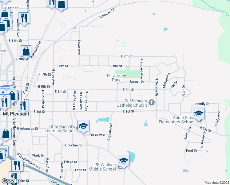 map of restaurants, bars, coffee shops, grocery stores, and more near 309 North Quillie Avenue in Mount Pleasant