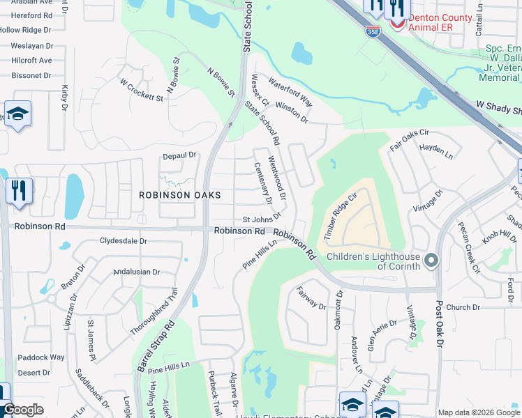 map of restaurants, bars, coffee shops, grocery stores, and more near 3708 Villanova Drive in Denton
