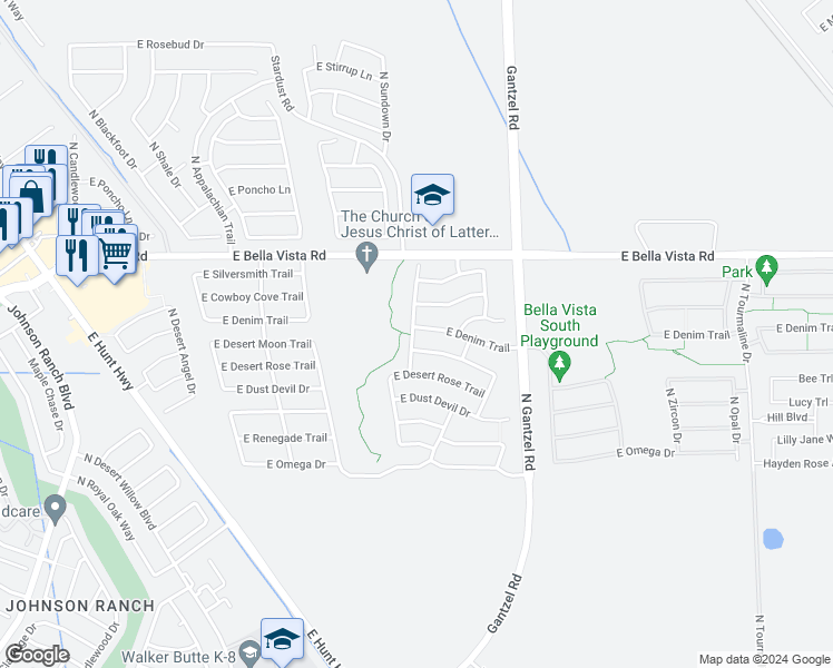 map of restaurants, bars, coffee shops, grocery stores, and more near 1711 East Denim Trail in San Tan Valley