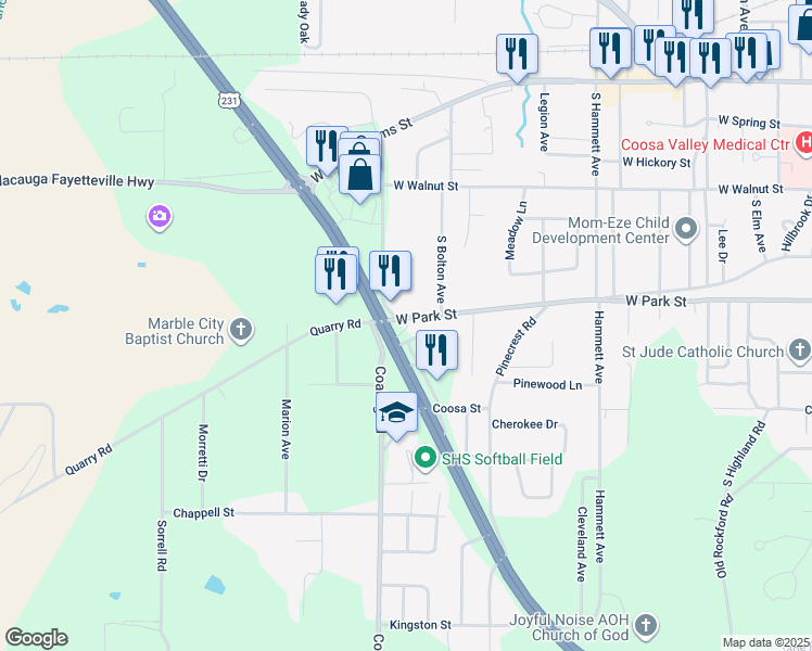 map of restaurants, bars, coffee shops, grocery stores, and more near 1207 West Park Street in Sylacauga