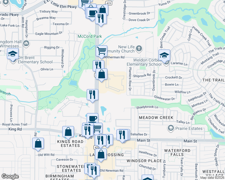 map of restaurants, bars, coffee shops, grocery stores, and more near 1801 McCord Way in Frisco