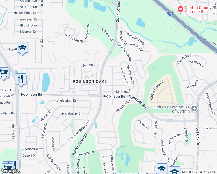 map of restaurants, bars, coffee shops, grocery stores, and more near 3517 Saint Johns Drive in Denton