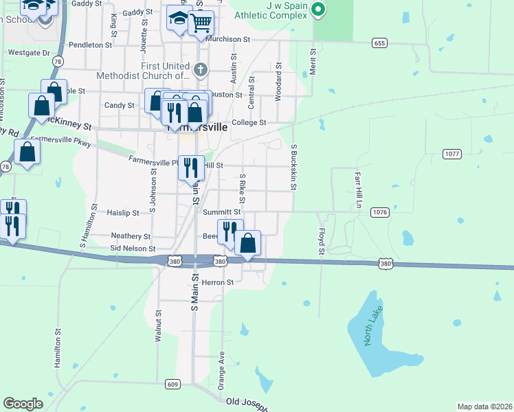 map of restaurants, bars, coffee shops, grocery stores, and more near 402 Summitt Street in Farmersville