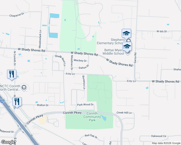 map of restaurants, bars, coffee shops, grocery stores, and more near 3615 Fritz Lane in Corinth