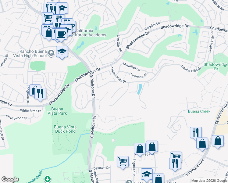 map of restaurants, bars, coffee shops, grocery stores, and more near 1561 Greenridge Drive in Vista