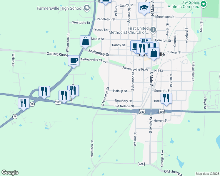 map of restaurants, bars, coffee shops, grocery stores, and more near 306 Haislip Street in Farmersville