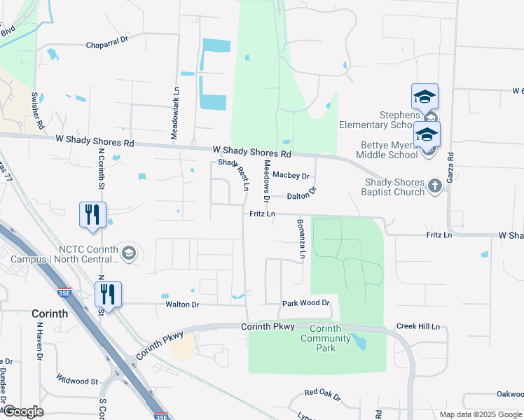 map of restaurants, bars, coffee shops, grocery stores, and more near 1020 Meadows Drive in Corinth