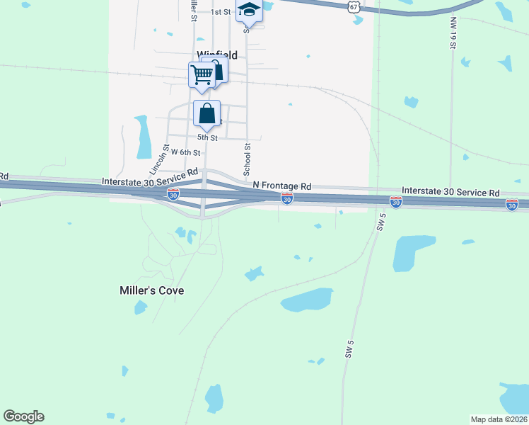map of restaurants, bars, coffee shops, grocery stores, and more near I30 North Frontage Road in Mount Pleasant