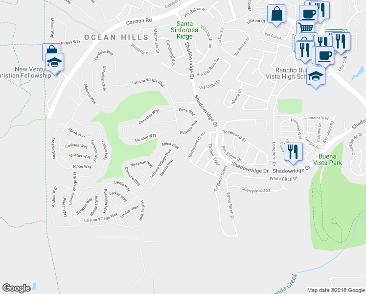 map of restaurants, bars, coffee shops, grocery stores, and more near 6060 Dassia Way in Oceanside