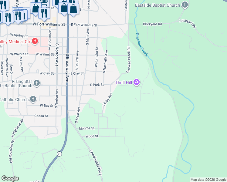map of restaurants, bars, coffee shops, grocery stores, and more near 504 Finley Avenue in Sylacauga