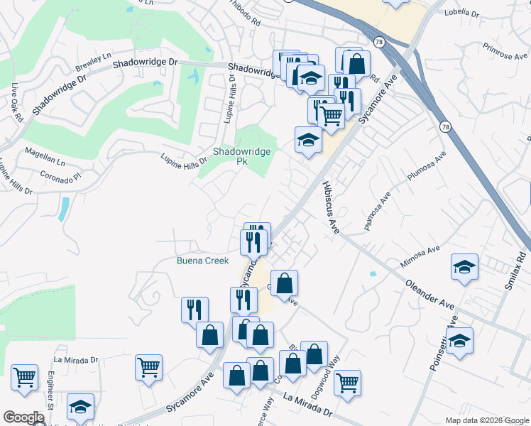 map of restaurants, bars, coffee shops, grocery stores, and more near 1065 Woodcrest Lane in Vista