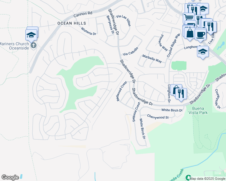 map of restaurants, bars, coffee shops, grocery stores, and more near 6060 Dassia Way in Oceanside