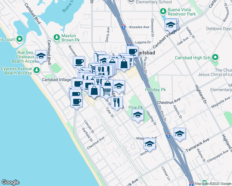 map of restaurants, bars, coffee shops, grocery stores, and more near 3169 Madison Street in Carlsbad