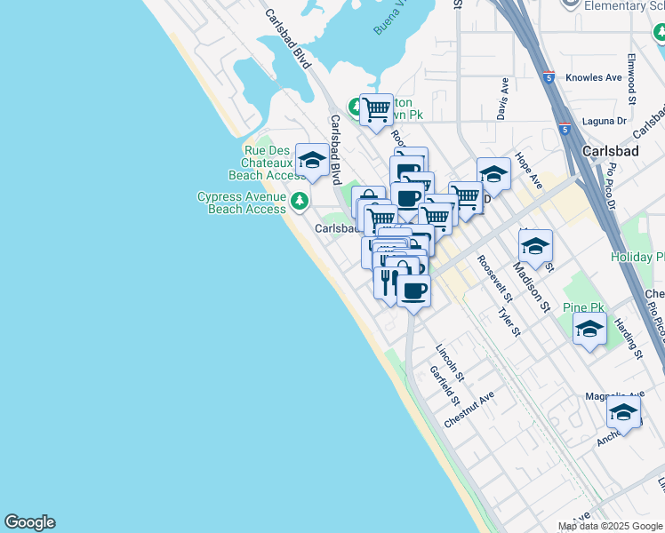 map of restaurants, bars, coffee shops, grocery stores, and more near 2795 Ocean Street in Carlsbad